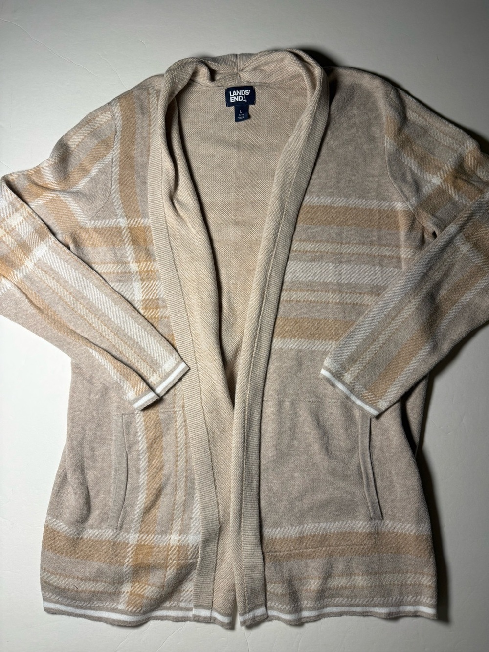 Lands' End Beige and White Plaid Open-Front Cardigan Size Large 100% cotton